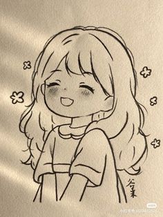 a drawing of a girl with long hair wearing a shirt and smiling at the camera