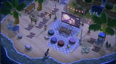 Acne Beach Ideas, Movie Area Animal Crossing, Acnh Beach Area Ideas, Acnh Beach Bonfire, Acnh Beach Movie Theatre, Movie Area Acnh, Acnh Beach Entrance, Beach Area Acnh, Acnh Campsite Designs Beach