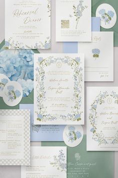 Flat lay of the Cape Cod wedding invitation collection adorned with blue and white watercolor hydrangeas and other flowers Powder Blue White And Gold Wedding, Coastal Save The Date Ideas, Bridgerton Blue Wedding, Hydrangea Wedding Invite, White And Blue Wedding Invitations, Wedding Invitations Blue And White, Cape Cod Wedding Aesthetic, Nantucket Wedding Aesthetic, Watercolor Invitations Wedding