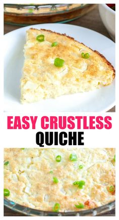 an easy crustless quiche recipe with peas and cheese on the top is shown