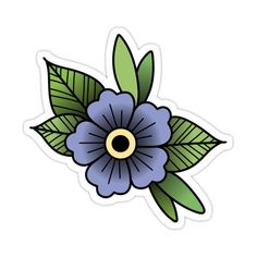 a blue flower with green leaves sticker on a white background and the words, i love