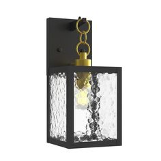 a black and gold light fixture with a chain hanging off the side of it's face