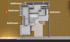 the floor plan for a house with all its rooms and bathroom areas labeled in red