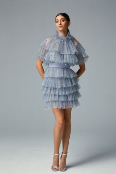 Fully pleated short dress - HerTrove Tulle Short Dress, Tulle Dress Short, Midi Outfits, Ruffled Gown, Dress Name, Short Cocktail Dress, Beaded Gown, Gowns With Sleeves, Pleated Shorts