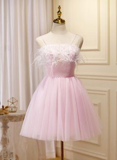 Feather Trim Dresses For Homecoming And Prom Season, Feather Trim Dress For Homecoming And Prom, Feather Trim Dress For Homecoming And Prom Season, Spring Tulle Dress With Feather Trim, Summer Tulle Dress With Feather Trim, Pink Tulle Dress With Feathers, Pink Feathered Prom Dress, Knee Length Party Dresses, Pink Short Prom Dresses