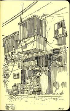 a drawing of an old building with balconies