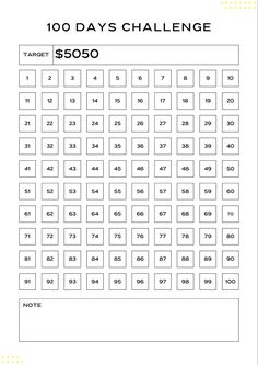 the 100 day challenge is shown in this printable version, with numbers and times