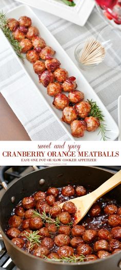 a pan filled with meatballs and garnish on top of a wooden table