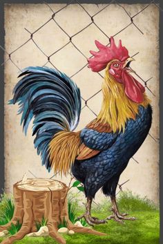 a painting of a rooster next to a chain link fence with a stump in the foreground