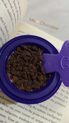 a blue bowl filled with chocolate chips on top of an open book next to a purple spatula