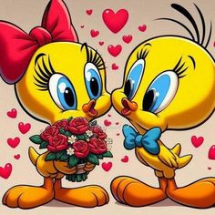 two cartoon birds are kissing each other with hearts in the background and one is holding a bouquet