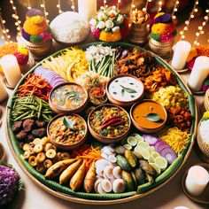 a platter filled with different types of food on top of a table next to candles