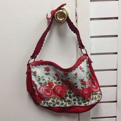 Floral Shoulder Bag That Has Red Roses And Red On The Sides And Straps. Adorable Green And White Polka Dot Interior! Vintage Red Shoulder Bag For Summer, Red Floral Print Summer Bag, Red Floral Print Shoulder Bag, Casual Red Bag With Floral Print, Casual Red Bags With Floral Print, Red Floral Print Casual Bag, Red Floral Print Shoulder Bag For Everyday Use, Green And White, White Polka Dot