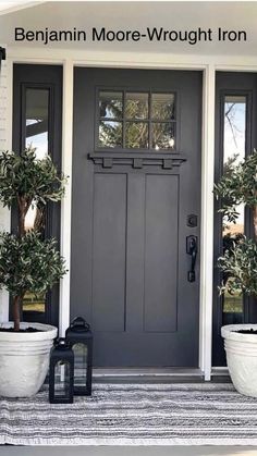 two potted plants are sitting on the front porch next to a gray door and black shutters