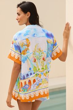 Cotton, polyester Button front Hand wash Imported | Aquarius Short-Sleeve Shirt Top by Seafolly, Women's, Size: Medium, Polyester/Cotton at Anthropologie Printed Blouse With Camp Collar For Vacation, Vacation Blouse With Button Closure And Camp Collar, Multicolor Relaxed Fit Blouse With Camp Collar, Summer Printed Blouse With Spread Collar, Front Hand, Shirt Top, Short Sleeve Shirt, Sleeve Shirt, Top Shirt