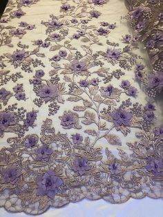 Bridal Lace Fabric - Hand Embroidered Flower 3D Pearls LAVANDER For Veil Mesh Dress Top Wedding Decoration By The Yard Party Lace With 3d Embroidery, Elegant Silver Embroidered Fabric With Lace Work, Purple Lace Dress With Intricate Embroidery, Purple Lace Embroidered Fabric For Wedding, Luxury Lace Tulle Fabric With Pearl Embroidery, Elegant Silver Embroidered Lace Fabric, Elegant Purple Lace Embroidered Fabric, Purple Lace Embroidered Fabric, Dear Costume