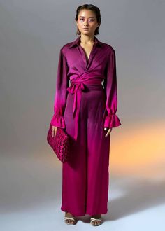 The moonbeam set is a stylish and sophisticated look. This vegan modal satin shirt is designed to wrap around the body, creating a flattering silhouette that accentuates the curves. The soft ombre dyeing adds a luxurious touch to the shirt, making it perfect for a night out or any special occasion. Violet Ombre, Soft Ombre, Satin Skirt Outfit, Ombre Fashion, Black Ombre, Stylish Pants, Frill Sleeves, Wrap Shirt, Satin Color