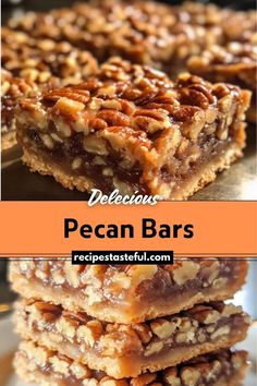 pecan bars stacked on top of each other with the words delicious written above them