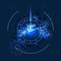 an abstract clock with gears and cogs in the center on a dark blue background