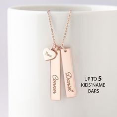 "This beautiful grandma necklace is engraved with your children's names on each charm. It's a perfect gift for your loved one with up to 5 personalized charms. PRODUCT INFO * Material: Solid 925 Sterling Silver * Dimensions: Bar charm measures ~ 1 1/4\" x 1/4\" (32 x 6.5mm). Heart charm measures ~3/8\"x5/16\" (9.5 x 8.2mm) * Word limits: 1 name/charm * By default, silver charm comes with BLACK engraving and gold-plated charm comes with CLEAR engraving HOW TO ORDER * Select your preferred finishi Customizable Rose Gold Charm Necklace For Gift, Customizable Rose Gold Charm Necklace As Gift, Personalized Rose Gold Necklaces For Mother's Day, Adjustable Rose Gold Name Necklace For Mother's Day, Personalized Rose Gold Necklace For Mother's Day, Personalized Rose Gold Name Necklace, Customizable Rose Gold Necklaces For Birthday Gift, Customizable Rose Gold Necklaces, Name Necklaces For Birthday And Mother's Day