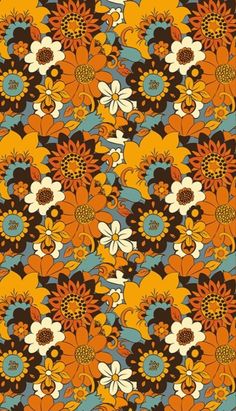 an orange and blue flower pattern on a black background with white, brown, yellow and green flowers