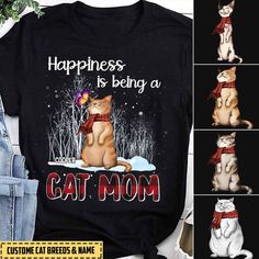 Personalized Cats Happiness Is Being A Cat Mom T-shirt Casual Cat Design T-shirt As Gift, Cotton T-shirt With Cat Design For Gift, Cotton T-shirt With Cat Design As Gift, Casual T-shirt With Cat Design For Gift, Casual T-shirt With Cat Design As Gift, Cats Shirt, Luggage Covers, Tshirt Crafts, Leather Passport Cover