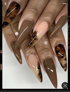 Brown Gold Acrylic Nails, Fall Tortoise Nails Design, Brown And Gold Acrylic Nails, Brown Nude Nails Design, Scarlett Ibis, Brown Stiletto Nails, Copper Nails Designs, Tortoise Nails, Winter Nail Art Ideas