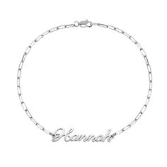 Add personalized flair to all your favorite looks when you wear this charming script name bracelet in silver. Created in your choice of sterling silver or sterling silver with 24K yellow gold plate This design showcases your name - up to nine characters in length - sculpted in an elegant script font. Lovely worn alone or layered with your other wardrobe favorites This name art suspends centered along a paperclip link chain. The 7.5-inch bracelet secures with a lobster claw clasp. Elegant Script Fonts, Bracelet In Silver, Name Bracelet, Name Art, Script Font, Showcase Design, Paper Clip, Link Chain, Lobster Claw