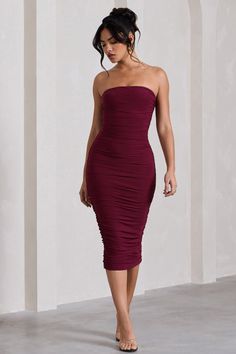 Burgundy Bodycon Dress, Wine Purple, Midi Bridesmaid Dress, Mesh Midi Dress, Calf Length Skirts, Designer Midi Dresses, Midi Dress Style, Strapless Bandeau, Maxi Dress Prom