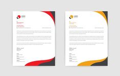 two letterheads with an orange and yellow design on the front, one in black and