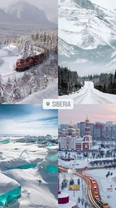 four different views of snow covered mountains, buildings and trees in the foreground are shown