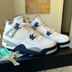 White And Navy Blue, Brand New Never Worn, Too Small Navy Blue 4s, Jordan 4 Navy Blue, Navy Blue Jordans, Jordan 4s Blue And White, Jordan 4 White Navy, Air Jordan 4 Midnight Navy, Air Jordan 4 Retro Midnight Navy, Jordan 4’s Blue & White, Crocs Fashion