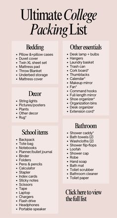 the ultimate college packing list is shown in black and white, with text on it