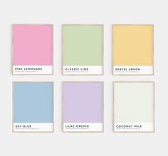 six different shades of pastel paint on white paper with text that reads pink lemonade, pastel lemonade, lilac orchid, and coconut milk