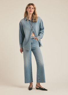 THE EX-BOYFRIEND SHIRT Relaxed Fit Washed Blue Denim Button-up Top, Relaxed Fit Washed Blue Button-up Denim Top, Washed Blue Relaxed Fit Button-up Denim Top, Relaxed Fit Denim Top With Button Closure, Classic Button-up Relaxed Fit Jeans, Classic Light Wash Relaxed Fit Denim Top, Relaxed Fit Washed Denim Top For Work, Light Wash Denim Top For Workwear, Relaxed Fit Denim Top With Frayed Hem And Button-up