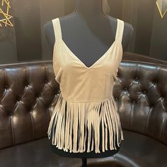 Suede Style Soft Touch Material. Great Condition. Never Worn. Bohemian Fringe Top For Night Out, Casual Beige Tassel Tops, Chic Sleeveless Top With Tassels, Chic Sleeveless Tassel Tops, Beige Fringe Summer Tops, Beige Fringed Tops For Festival, Beige Fringe Tops For Festival, Beige Fringe Tops For Summer, Chic Tassel Top For Night Out