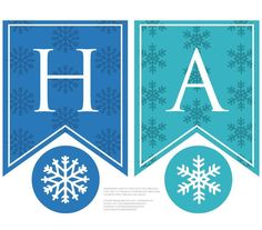 two snowflakes with the letter h on them are hanging from a blue ribbon