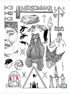 an image of a bear surrounded by other animals and symbols on a white background with the words midsomar above it