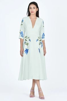 VERONICA DRESS | FANM MON (Wombman Collection) Spring Floral Embroidered V-neck Midi Dress, Spring Floral Embroidery V-neck Midi Dress, Elegant Spring Midi Dress With 3/4 Sleeves, Blue Floral Embroidered V-neck Midi Dress, Spring Formal Midi Dress With Floral Embroidery, Blue V-neck Midi Dress With Floral Embroidery, Blue Midi Dress With Floral Embroidery And V-neck, Elegant Dresses With Floral Embroidery And 3/4 Sleeves, Elegant V-neck Midi Dress With Floral Embroidery