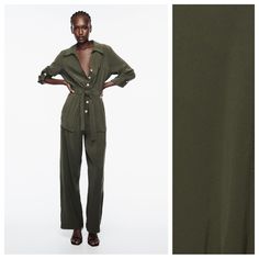 Nwt. Zara Green Viscose Blend Flowy Jumpsuit With Belt, V-Neck Lapel Collar And Long Turned-Up Sleeves With Buttoned Straps. Front And Back Patch Pockets. Elastic Waistband With Tonal Belt. Straight Leg. Front Button Closure. Size Xl. Ref. 8191/511. Pit To Pit 22" Flat, Shoulders 16,5", Sleeves 24", Waist 17,5", Rise 13,5", Inseam 29,5", Length 61,5". Chic Summer Pantsuit With Long Sleeves, Chic Long Sleeve Summer Pantsuit, Chic Summer Long Sleeve Pantsuit, Summer Button-up Workwear Pants, Summer Button-up Work Pants, Summer Solid Color Pantsuit With Pockets, Wide Leg Jumpsuits With Button Closure For Work, Summer Wide Leg Jumpsuit With Button Closure, Summer Pantsuit With Pockets