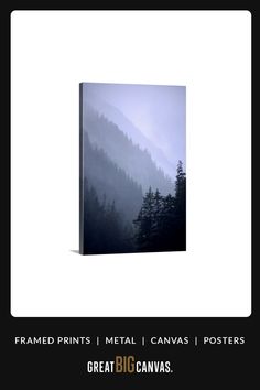 a black and white photo with trees in the background that says, framed prints metal canvass posters great big canvas