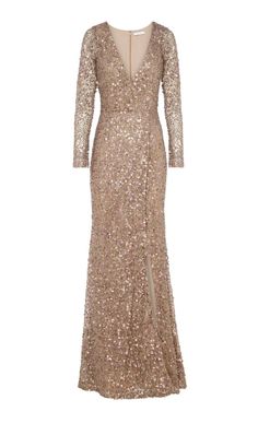 This stunning Rachel Gilbert gown is perfect for any special occasion. The gold sequin and beaded details add an elegant touch to the V-neckline and long slit sleeves. The dress features a size 14 fit, zip closure, and is made of a luxurious mix of polyester and nylon. NEVER WORN. NEW WITH TAGS! This designer gown comes from the TRIXIE collection and is perfect for weddings, parties, or formal events. The dress has a modern and elegant look, with a fit and flare bodycon style, and is fully lined Gold Dress Long Sleeve, Gown Moda Operandi, Red Dress Design, Dinner Dress Classy, Rachel Gilbert, Sleeve Gown, Sequin Evening Dresses, Fashion Jackson, Sleeves Designs For Dresses