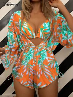 Tavimart New Women Swimsuit Sexy Bikinis With Mesh Long Sleeve Beach Playsuit Cover Up 3 Piece Bikini Set Printed Swimwear Beachwear