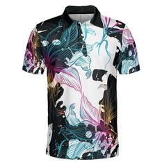 Abstract Gradient Flowers Polo Shirt. If you love abstract designs and gradient colors then this Abstract Gradient Flowers Polo Shirt design is perfect for you! Features a design consisting of an abstract black and white background with rainbow gradient flowers on top. If you love unique creations then this is the perfect polo shirt for you. Classy yet very comfortable to wear; this polo shirt is perfect to keep you cool and dry all day. Product Details Step out with an instant classic! This pol Multicolor Print Tops With Abstract Pattern For Spring, Spring Tops With Multicolor Abstract Print, Artistic Black Tops For Spring, White Digital Print Top For Summer, White Digital Print Top For Spring, Summer Tops With Multicolor Abstract Print, Multicolor Print Top With Abstract Pattern For Summer, Spring Multicolor Print Top With Abstract Pattern, Casual Multicolor Tops With Abstract Pattern