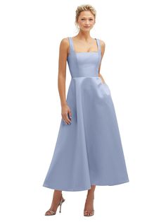 Square Neck Satin Midi Dress with Full Skirt & Pockets Elegant Fit And Flare Midi Dress With Straight Neckline, Elegant Square Neck Maxi Dress With Lined Bodice, Midi Dress With Fitted Bodice For Dinner, Wedding Guest Midi Dress With Pleated Bodice, Chic Fitted Tea Length Dress For Wedding Guest, Pleated Bodice Midi Dress For Wedding Guest, Formal Maxi Dress With Square Neck In Solid Color, Formal Maxi Dress With Square Neck, Formal Solid Maxi Dress With Square Neck