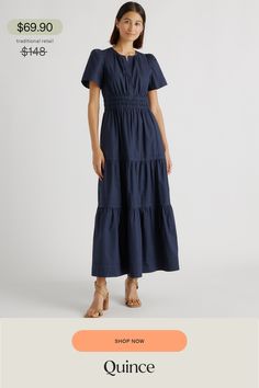 Maxi length and maximal function because we're bringing you another pocketed wonder! This chic maxi gathers at the waist for a lightly cinched look. Made from 100% organic cotton for lightweight breathability. With a v-neck and short sleeves, this is a must-have for your summer wardrobe.  | Quince | Women's Tiered Maxi Dress in Navy, Size XS, Cotton Casual Cotton Ruched Maxi Dress, Cotton Maxi Dress With Elastic Waistband, Casual Cotton Maxi Dress With Gathered Waist, Spring Cotton Maxi Dress With Elastic Waistband, Casual Maxi Dress With Gathered Waist And Short Sleeves, Tiered Maxi Dress, Dress 100, Fit Flare Dress, Sewing Dresses