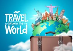 travel around the world with suitcase and landmarks