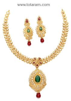 22 Karat Gold Necklace & Drop Earrings Set with Uncut Diamonds, Rubies & Emeralds 
       - 235-DS552 - in 53.700 Grams for USD $7428.23. 
Made in India by Totaram Jewelers Online this product is in Gold - 22 Karat BIS Hallmark 916 KDM Gold  & is an excellent gift for Adult - Women. Ships fully insured with secured guaranteed delivery for free with your order over $250 from New Jersey USA & comes with 30 days exchange policy. Uncut Diamond Necklace, Indian Gold Jewelry, 22k Gold Necklace, Temple Jewelry Necklace, 22k Gold Jewelry, Gold Jewelry Stores, Diamond Necklace Set, Gold Necklace Set, Gold Jewelry Indian