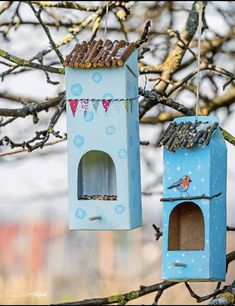 two blue birdhouses hanging from a tree branch with no leaves on the branches and one has a brown roof