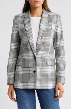 Give any outfit a put-together look by topping it off with this classic blazer in a neat checked pattern. Two-button closure Notched lapels Chest welt pocket; front flap pockets Lined 65% polyester, 33% viscose, 2% spandex Dry clean Imported Tailored Timeless Plaid Blazer, Plaid Blazer With Notch Lapel And Concealed Placket, Tailored Plaid Blazer With Concealed Placket, Timeless Plaid Blazer For Business Casual, Timeless Plaid Blazer With Notch Lapel, Classic Plaid Notch Lapel Blazer, Classic Plaid Blazer With Notch Lapel, Classic Notch Lapel Plaid Blazer, Plaid Blazer With Concealed Placket And Lapel Collar